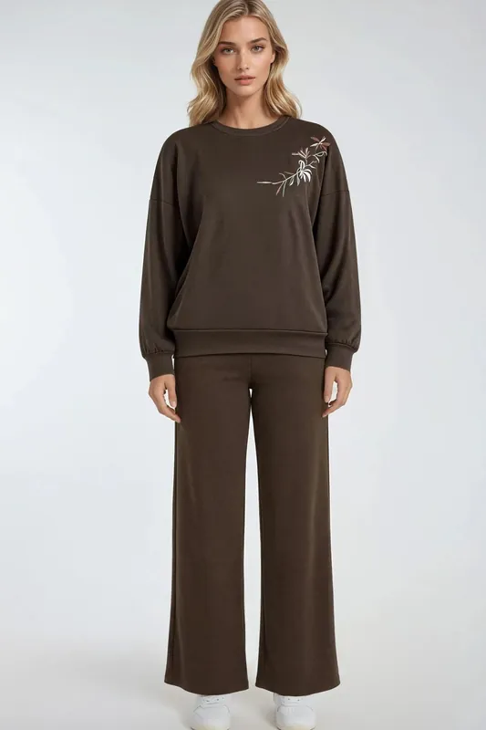 Embroidered Crew Neck Sweatshirt & Straight Leg Pants Two-Piece Set