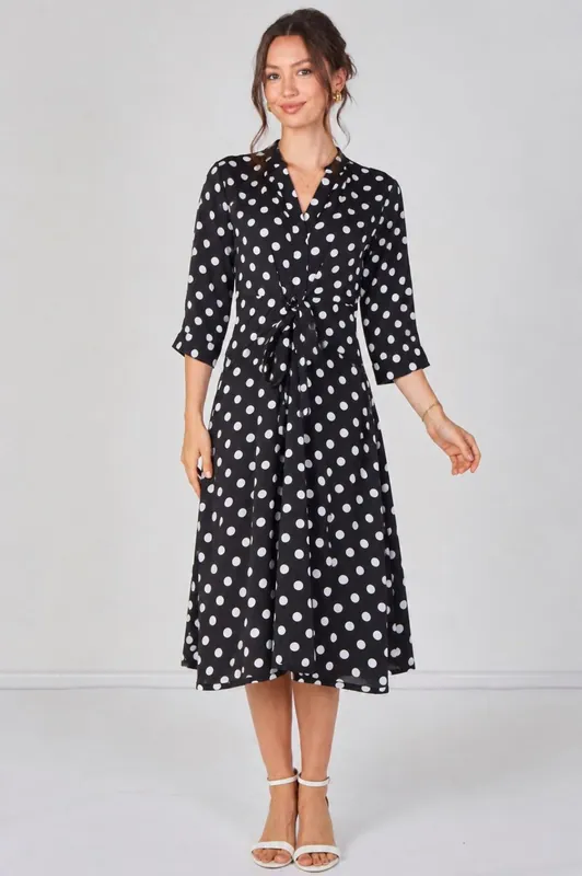 Black Polka Dot Quarter Sleeve Tie Waist Midi Dress - Love Sunshine