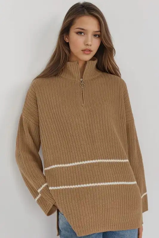 Loose Fit Striped Sweater with Zipper Collar - MyFashion
