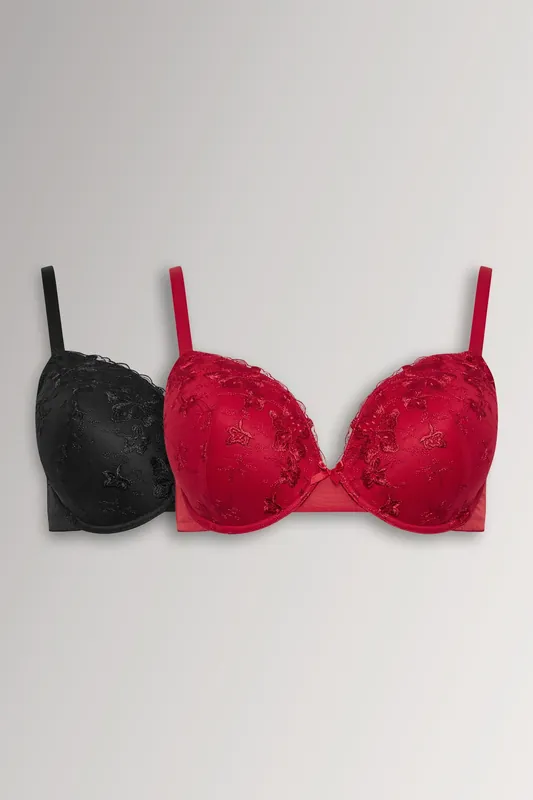 2 Pack Floral Embroidered Padded Bras - Yours