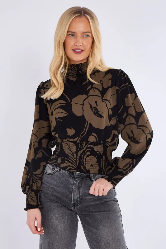 Khaki Floral Print Shirred Waist Cropped Top - Love Sunshine