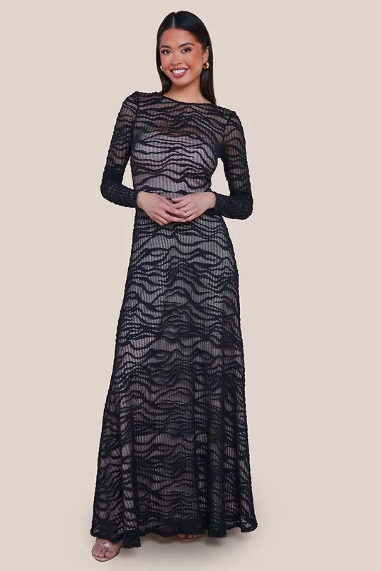 Geo Wave Flare Skirt Long Sleeve Maxi Dress - Goddiva