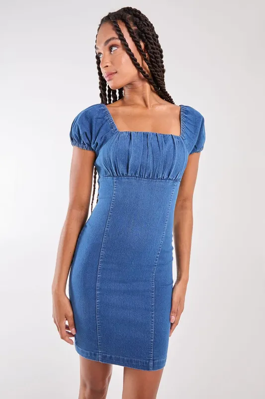 Denim Puff Sleeve Mini Dress - Pink Vanilla