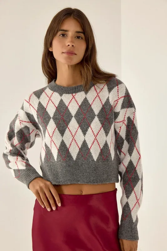 Crew Neck Crop Sweater with Diamond Pattern - Hiccup