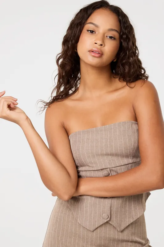 Light Brown Bustier Pinstripe Button Top - Pink Vanilla