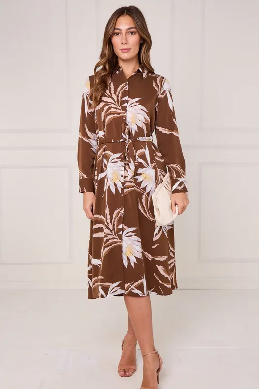 Brown and Ivory Botanical Floral Print Midi Shirt Dress - Love Sunshine