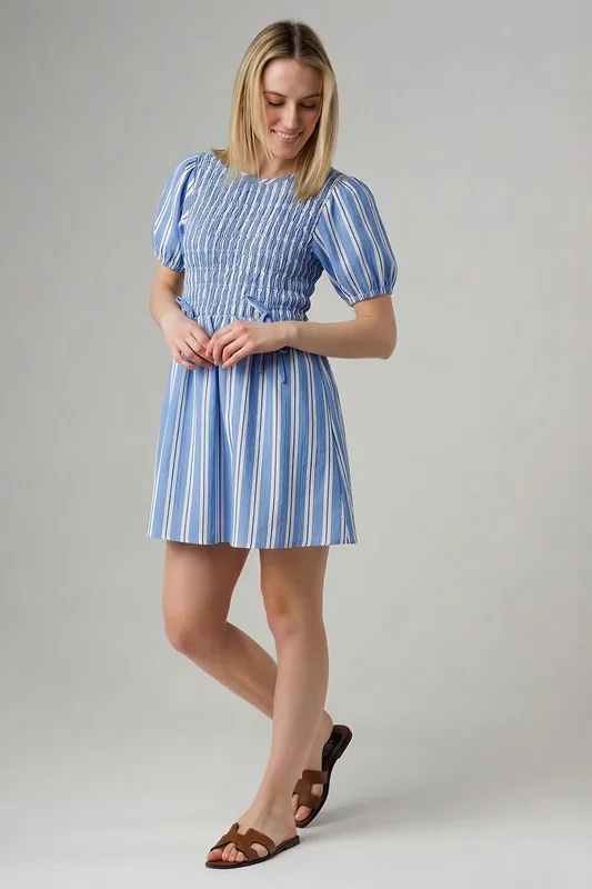 Cotton Striped Shirred Puff Sleeve Mini Dress - Wednesday's Girl