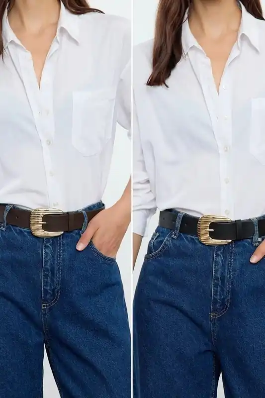 Gold Ribbed Oval Buckle Wide Faux Leather Waist Belt - WOVCOR