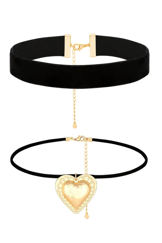 Gold Puffed Heart Black Charm Choker Necklace - Mood