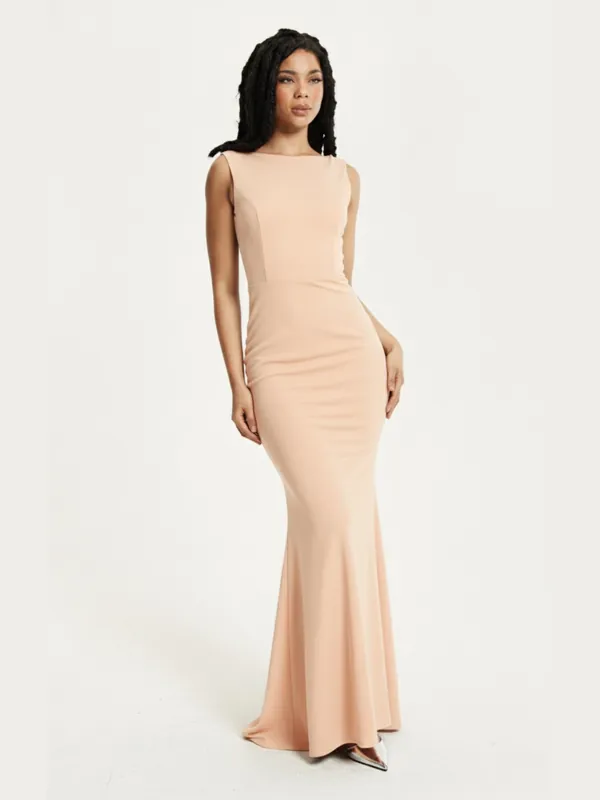 Peach Draped Cowl Back Maxi Dress - Liquorish