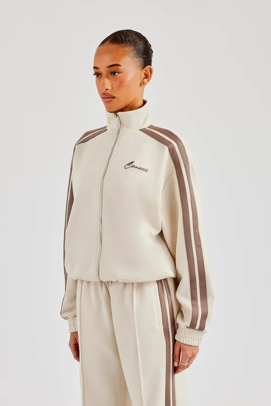Funnel Neck Taupe Taping Zip Through Jacket - Off White