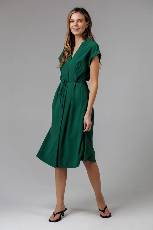 V-Neck Cap Sleeve Crepe Midi Dress