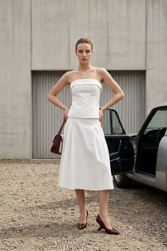 Strapless Blouse and High-Waist Midi Skirt Set
