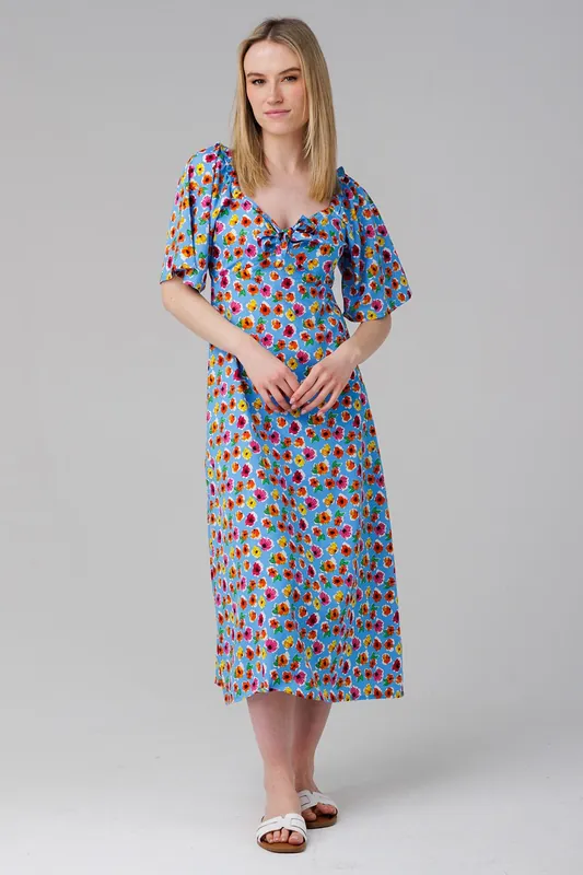 Floral Print Sweetheart Neck Short Sleeve Midi Dress - Influence