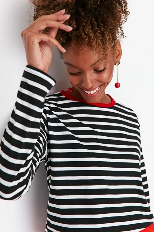 Striped Crew Neck Long Sleeve Cotton T-Shirt