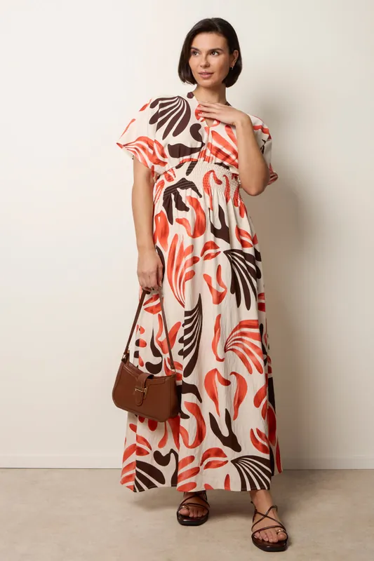 Orange V Neck Abstract Leaf Print Dress - Blue Vanilla