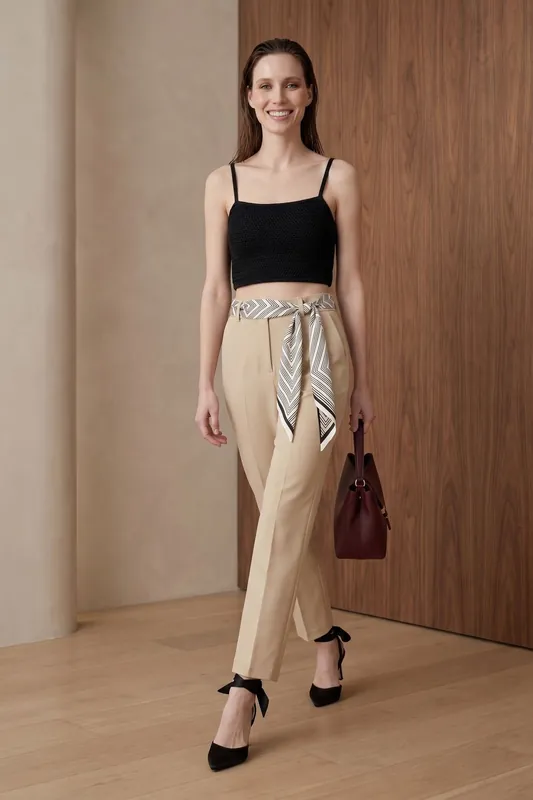 High-Waist Straight-Leg Crepe Trousers with Belt