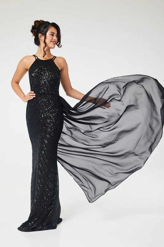 Black Halterneck Sequin Maxi Dress with Detachable Skirt - LuvForever Fashion