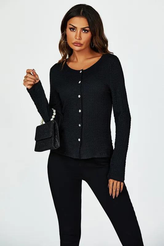 Button Down Ruched Stretch Long Sleeves Top In Black - FS Collection