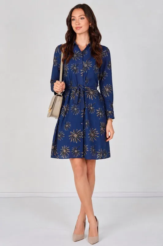 Navy Floral Print Long Sleeve Mini Shirt Dress - Love Sunshine