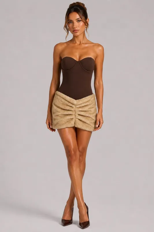 Faux Fur Ruched Mini Skirt - Textured - Mini - Skirt