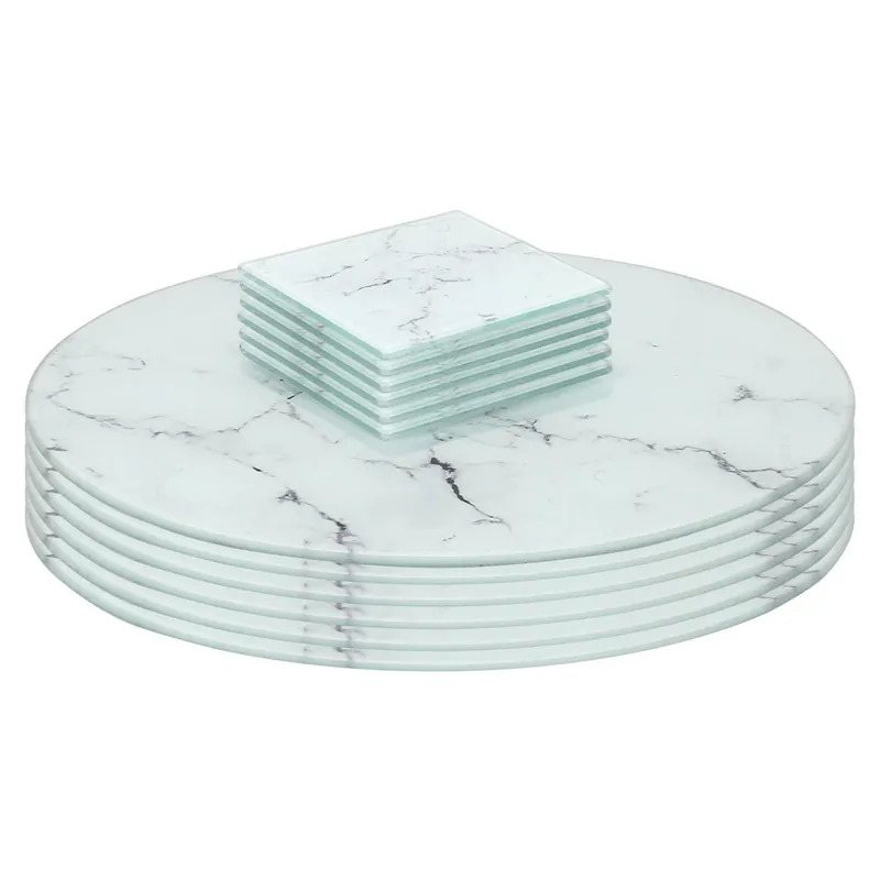 12pc Round Glass Placemats & Square Coasters Set - 30cm Marble Effect