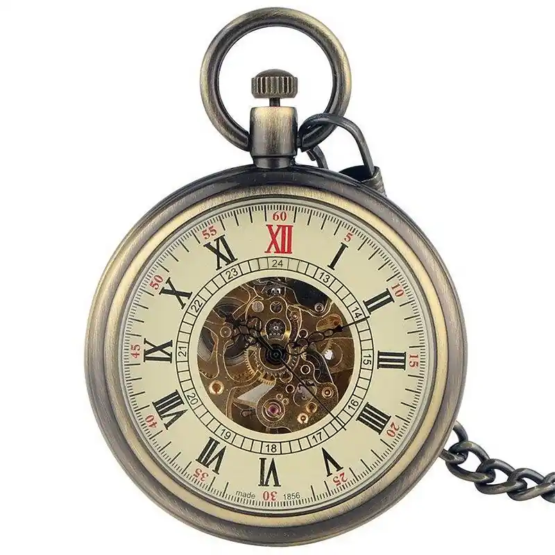 Mechanical Skeleton Antique Open Face Pocket Watch - Infinity Leather