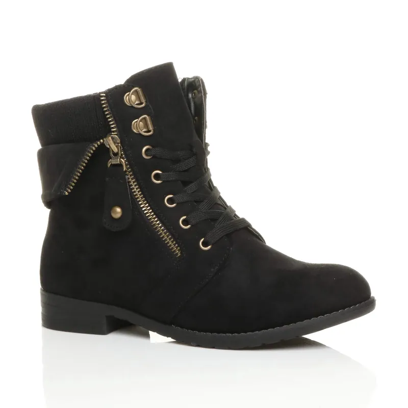 Lace Up Knitted Collar Biker Ankle Boots - AJVANI
