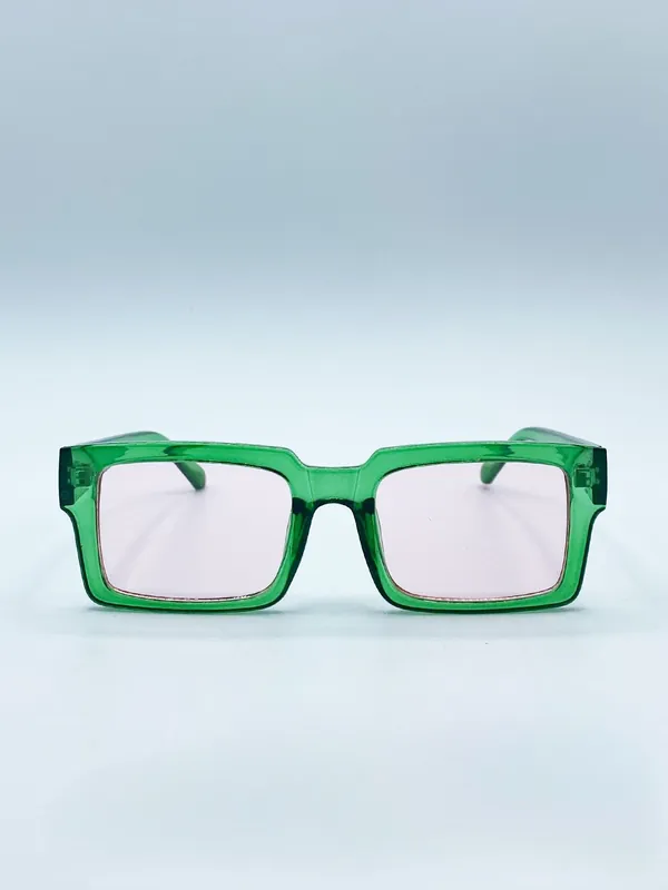 Square Frame Sunglasses in Translucent Green with Pink Lenses - SVNX