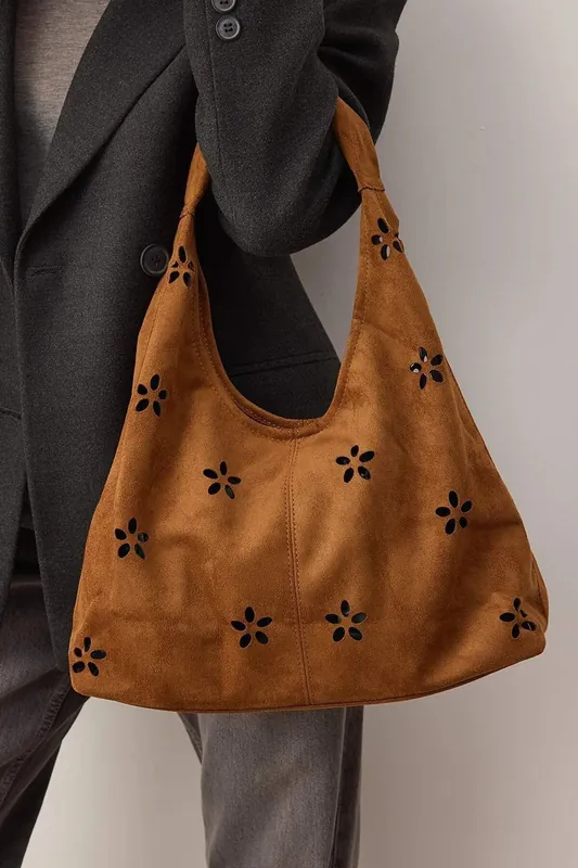 Women’s Faux Suede Floral Cut Out Hobo Bag with Matching Pouch - WOVCOR