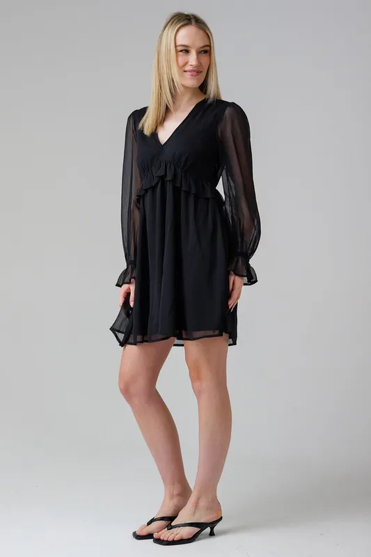Semi-Sheer Flowy Long Sleeve Smock Mini Dress