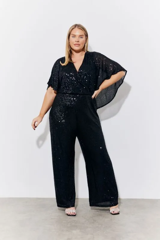 Black Sequin Cape Style Wide Leg Jumpsuit - In The Style