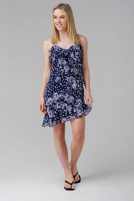 Floral Print Spaghetti Strap Frill Hem Mini Dress - Influence