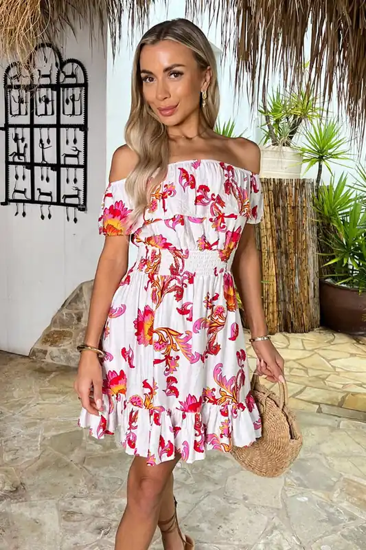 Multi Floral Print Bardot Frill Hem Mini Dress - AX Paris