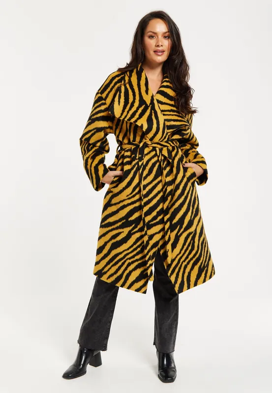 Zebra Print Longline Coat In Mustard And Black - Liquorish