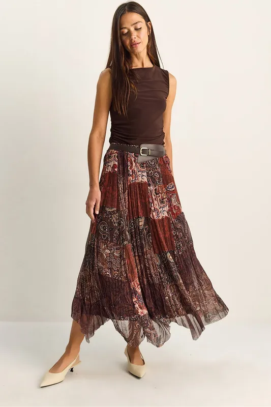 High Waist Paisley Print Midi Skirt with Belt - Bianco Lucci