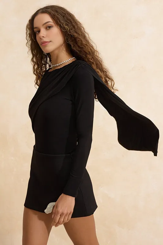 Asymmetric Cape Detail Ruched Knit Party Bodysuit - WOVCOR