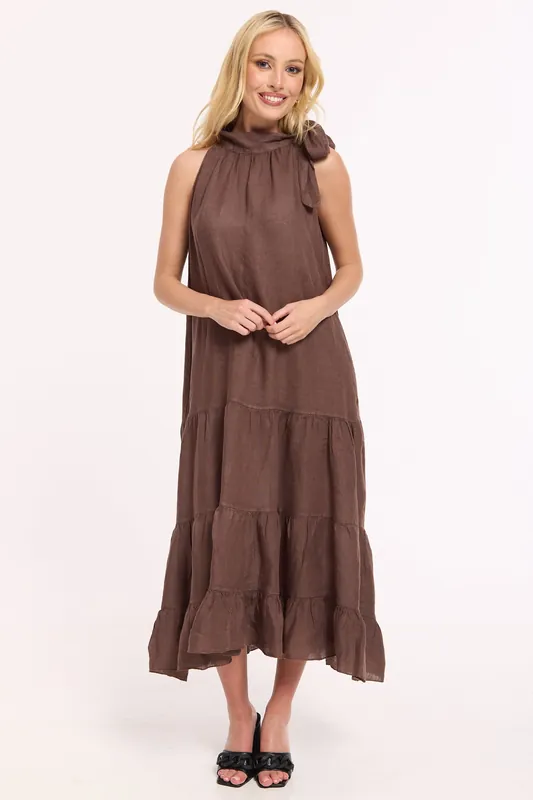 Chocolate Linen Tie Neck Tiered Maxi Dress - Liquorish