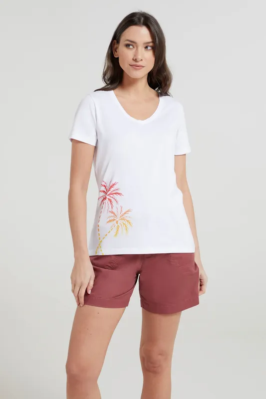Ombre Palm Trees Print V-Neck Short Sleeve Soft Cotton T-Shirt