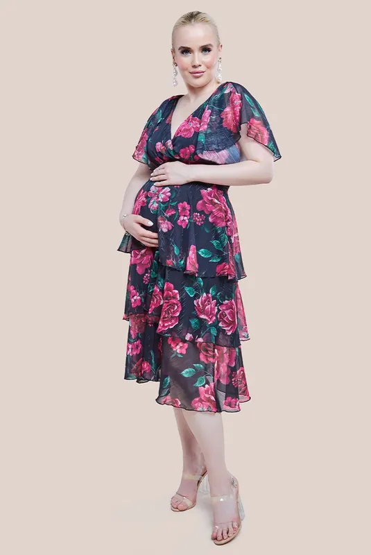 Maternity Layered Floral Midi Dress With Flutter Sleeves - Goddiva