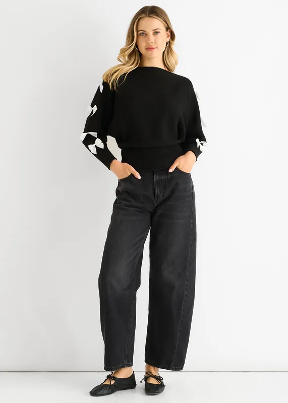Black Slash Neck Crop Bow Knit Jumper - Gini London