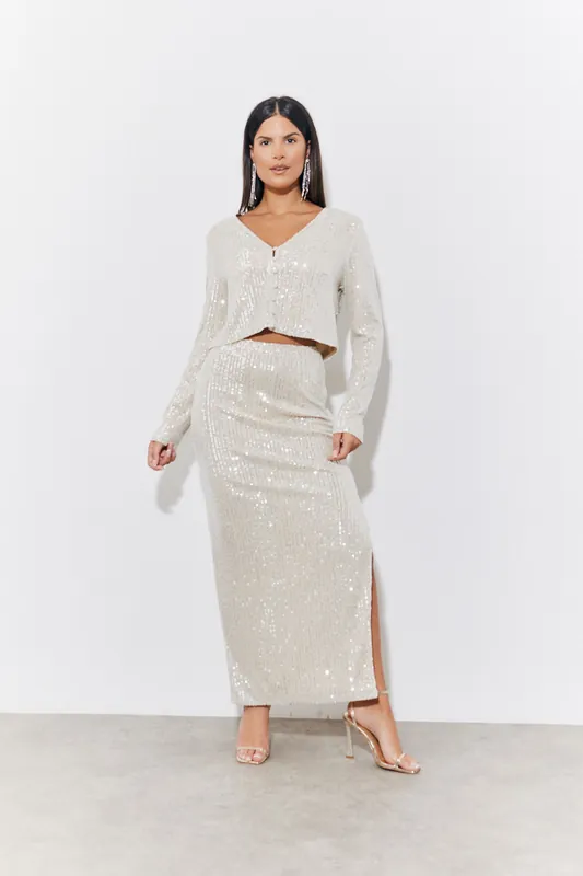 Gold Sequin Slit Midi Skirt - In The Style