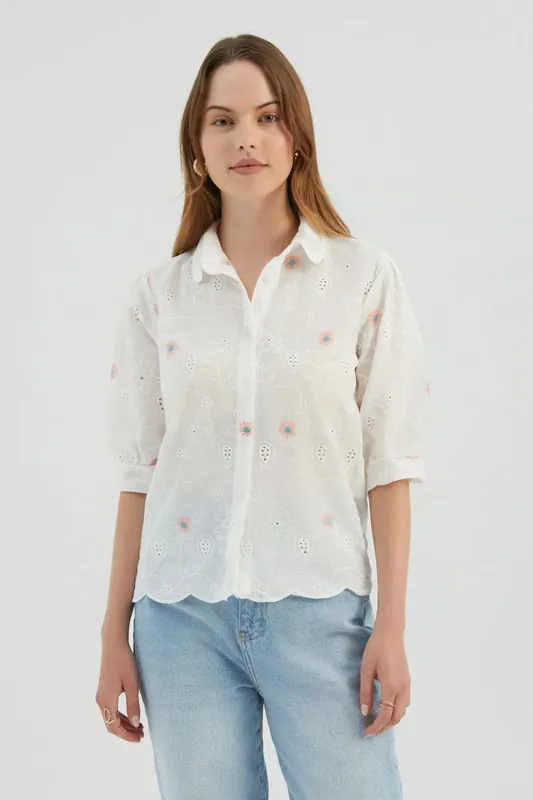 Flowers Embroidered Short Sleeve Relaxed Cropped Shirt - Hiccup