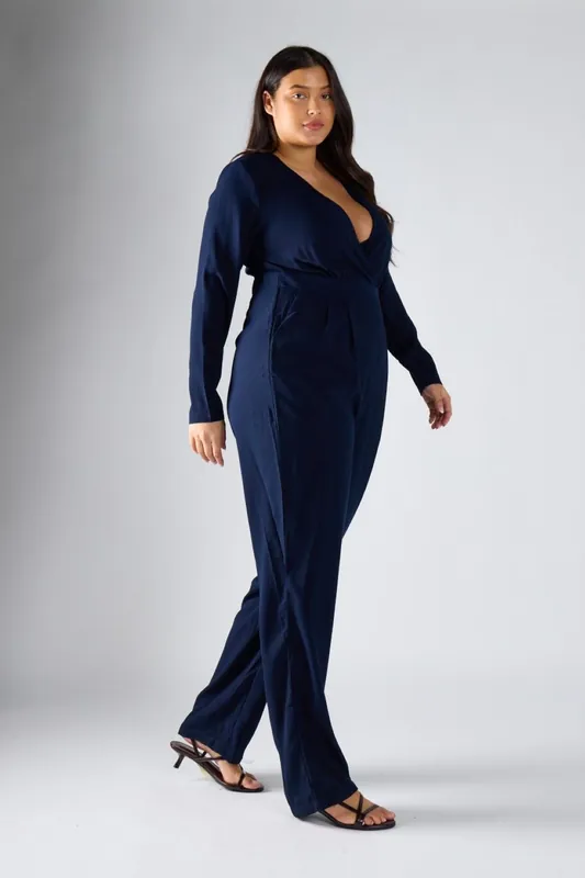 Long Sleeve Wrap Wide Leg Jumpsuit - Shnoo