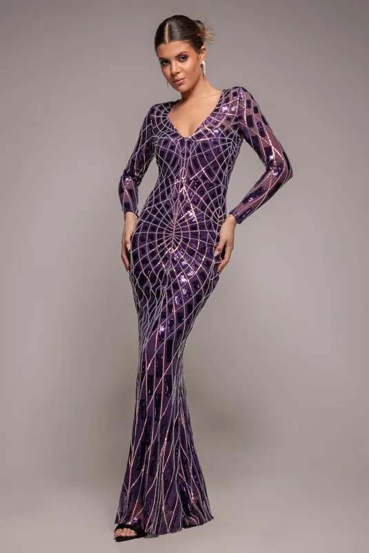 Geo Sequin Long Sleeve Maxi Dress - Goddiva