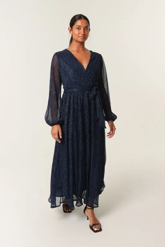 Navy Wrap Metallic Dress - Blue Vanilla