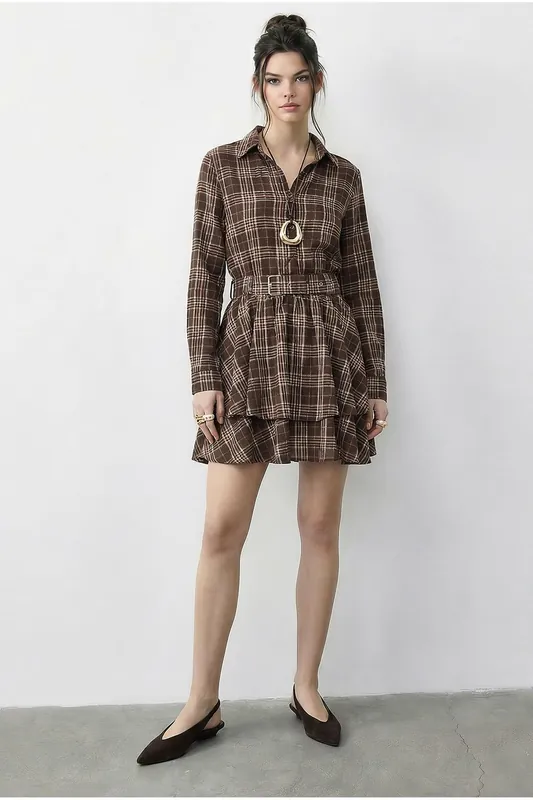Plaid Shirt Dress with Belt - Bianco Lucci