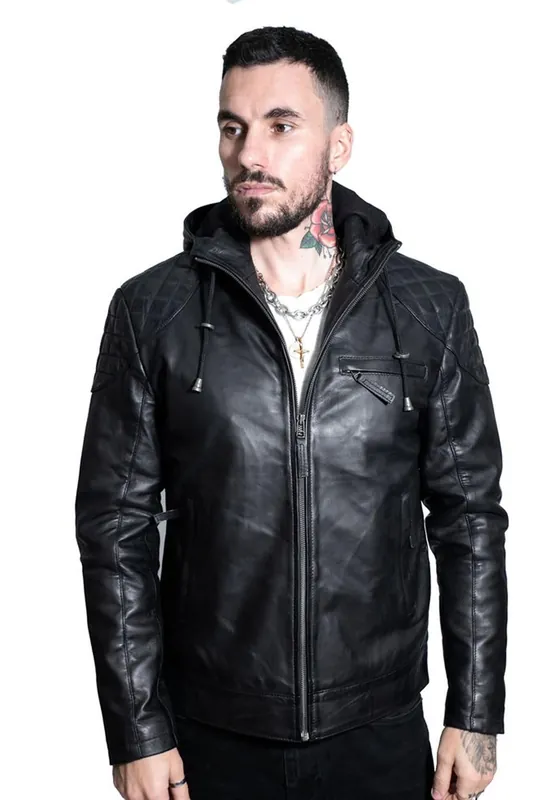 Retro Hooded Leather Bomber Jacket-Zaria
