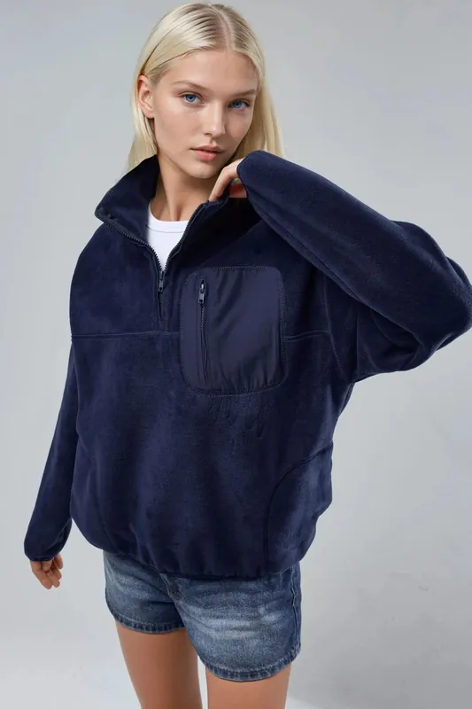 Zipper Collar Plush Knit Sweatshirt with Pocket - Busem