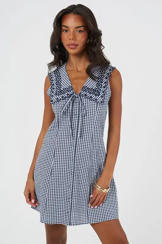 Gingham Mini Dress With Oversized Embroidered Collar - Brave Soul